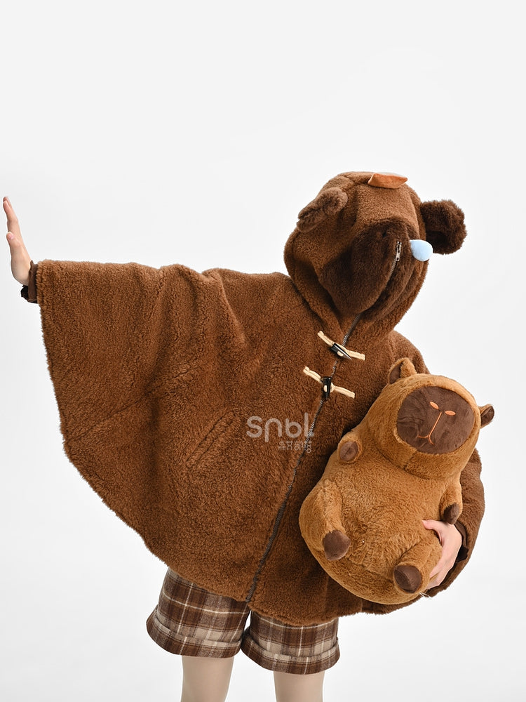 茶色のかわいいカピバラのフード付きジップ開閉フリースフード付きケープ