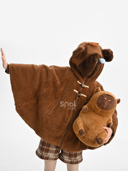 茶色のかわいいカピバラのフード付きジップ開閉フリースフード付きケープ