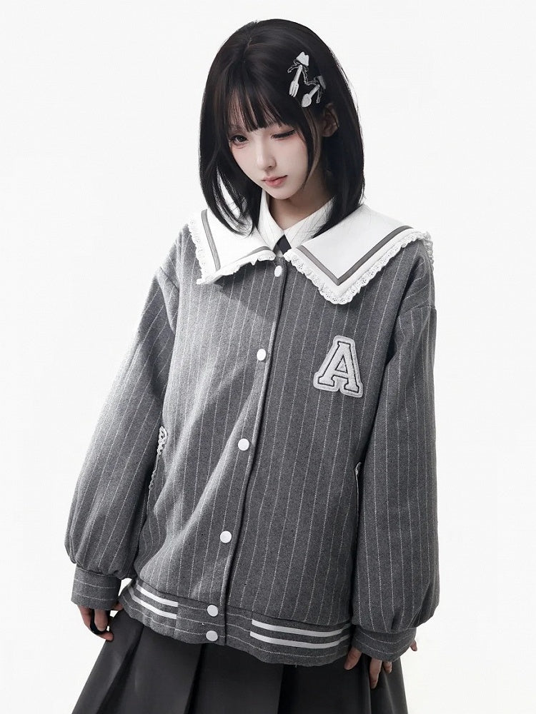 Plush Jacket Striped Preppy Letter Style Gray Patch Baseball -