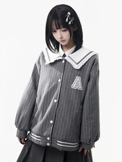 Plush Jacket Striped Preppy Letter Style Gray Patch Baseball -
