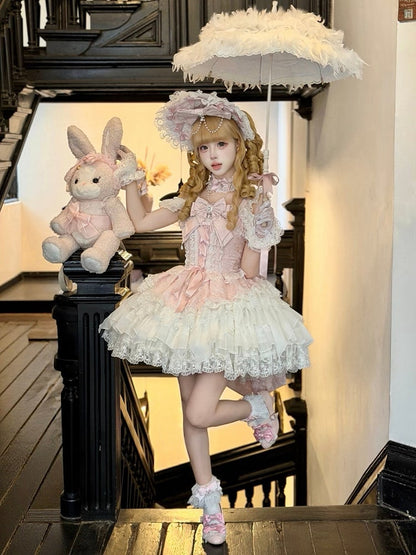 Pink Ballet Style Lace Ruffle Lolita JSK Dress with Bead Chain Bow and Back Bow Set - White Sugar Girl