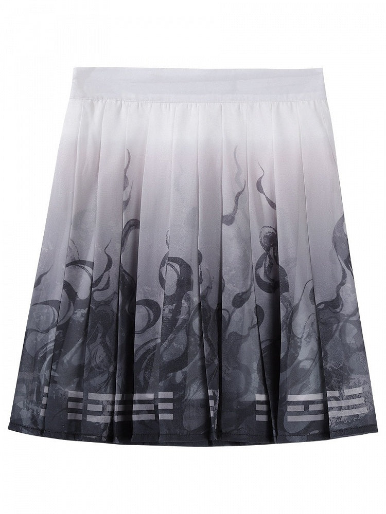 White Black Gradient Ink Wash Han Lolita Pleated Skirt - Unknown Star