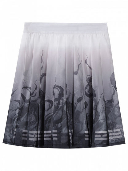 White Black Gradient Ink Wash Han Lolita Pleated Skirt - Unknown Star
