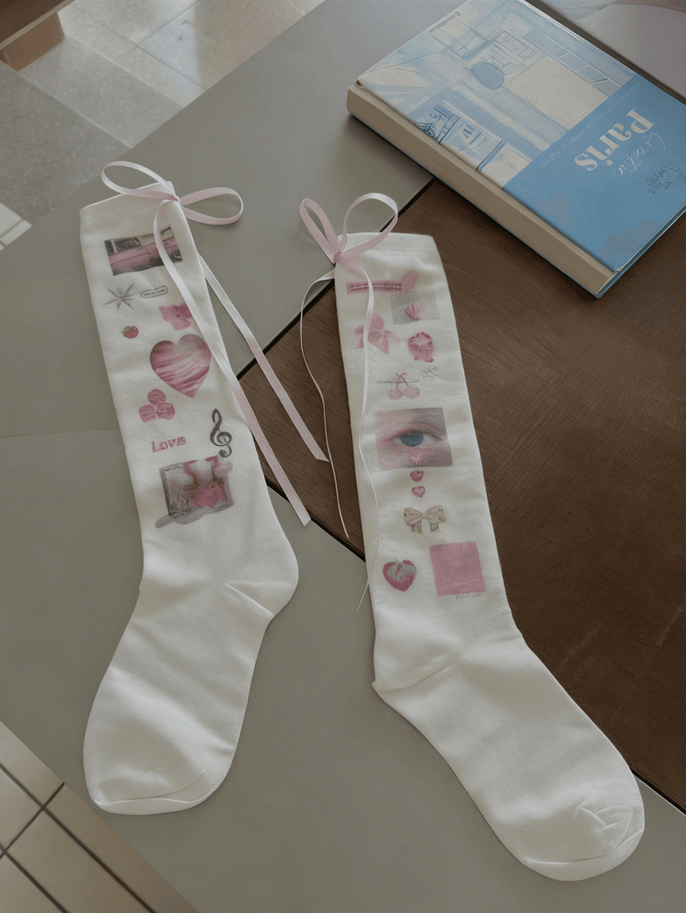 Lolita Print Socks Bow Calf
