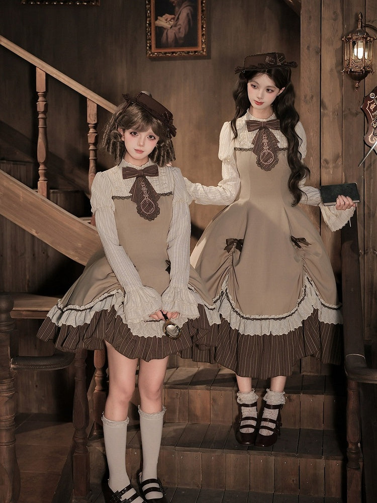 Brown Striped Faux-Layered Lolita Dress Set with Drawstring, Cape, Jabot & Mini Hat - With PUJI