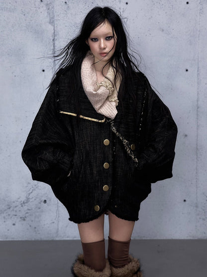 Vintage Snap-button Front Jacket Sleeves Red Batwing Closure with Punk Reversible Denim