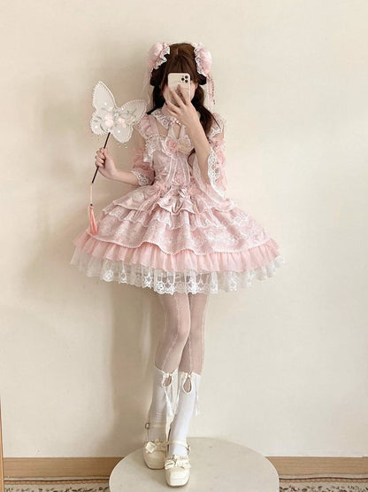 Flower Frog Waist Layered Chinoiserie Bows with Corset Pink Button Dress Lolita