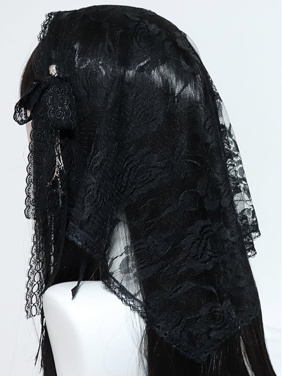 クロスベールヘアバンドとブラック/ホワイトレースの花柄チャームディテールの蝶結び