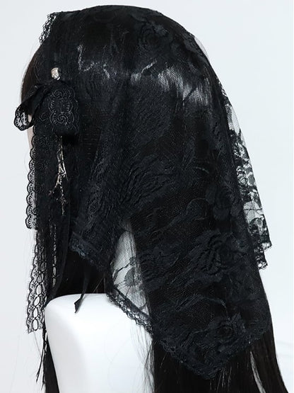 クロスベールヘアバンドとブラック/ホワイトレースの花柄チャームディテールの蝶結び