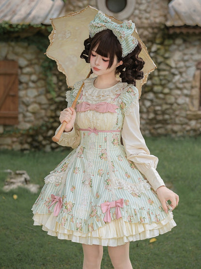 Striped Lace Dress with Floral Print in Green and Pink - With PUJI