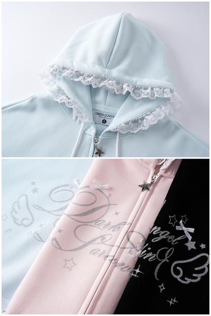 Accent with Bow Hoodie Letter Blue/Black/Pink and Print Lace-Trimmed