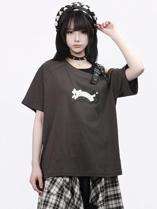 Gray Asymmetrical T-Shirt with Leopard Print and Buckle Strap - PINK SAVIOR