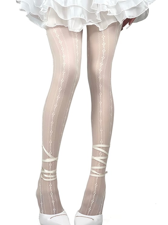 Y2Kストラップ ホワイト/ブラック フローラルタイツ セルフタイパターン