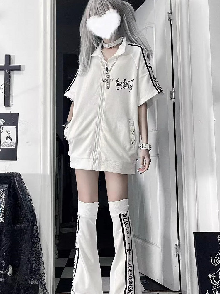 with Jacket Short Cross White Stripes Zip-Up Punk Text Sleeve Print Black
