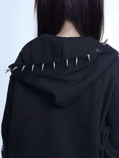 Zip Jirai Hoodie Rivet-Decorated Purple Kei Black Printed