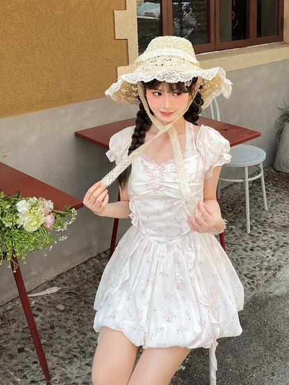 Süßes weißes Baskenkleid mit Puffärmeln und Neckholder und Blumenmuster