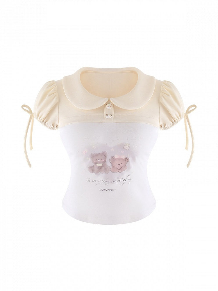 Beige Bear Print Peter Pan Puff Top - serendipity
