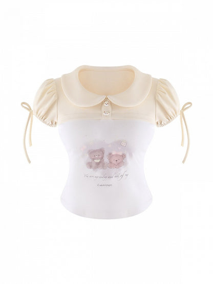 Beige Bear Print Peter Pan Puff Top - serendipity