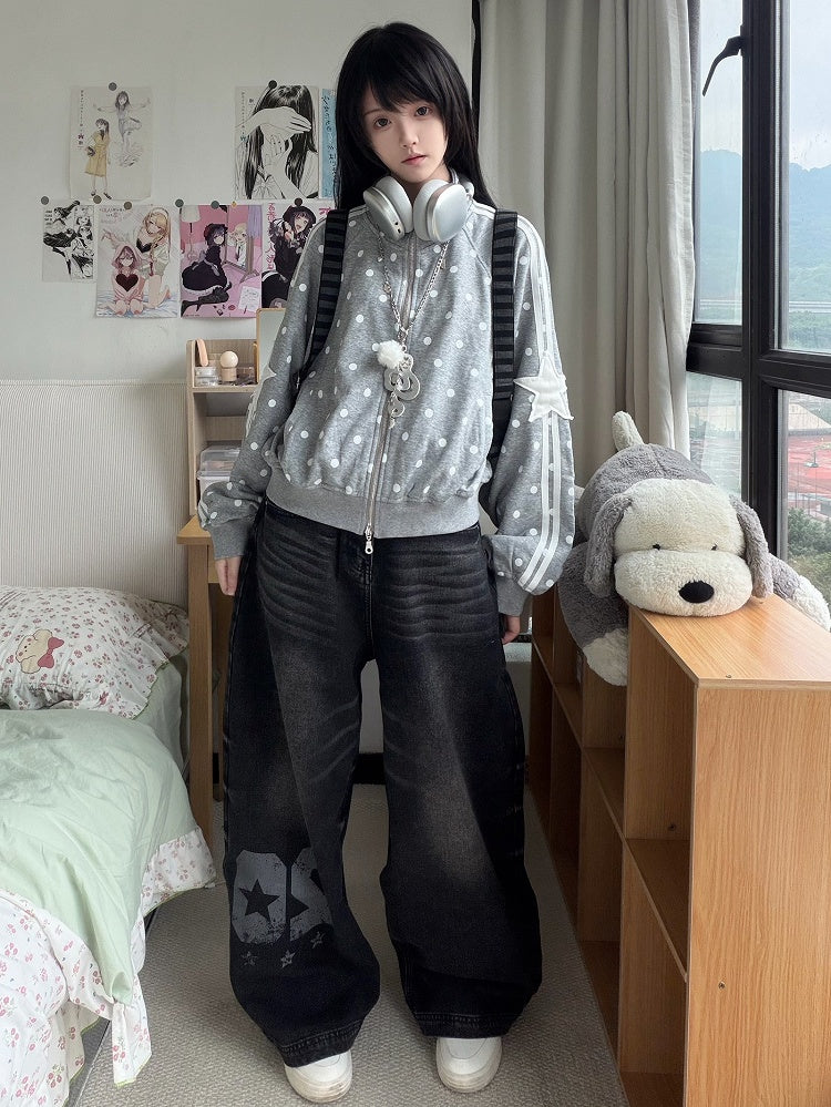 Wide-leg Faded Y2K Print Number Black - Wash with Jeans