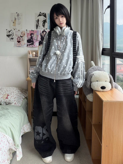 Wide-leg Faded Y2K Print Number Black - Wash with Jeans