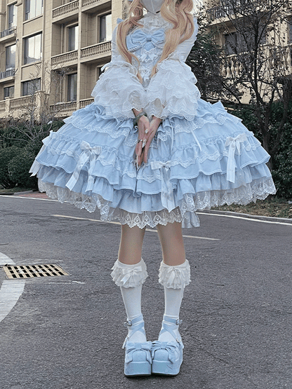 Rockärmelkleid mit Schnürung in der Taille, Spitzenbesatz, blauer Flatterpullover aus Old School Lolita-Baumwolle