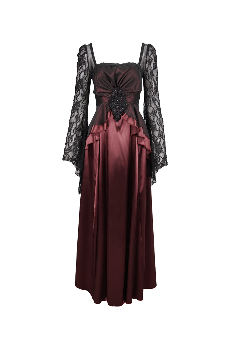 Crimson Lace Pointed Long Sleeves Back Zipper Satin Floor-Length Gothic Gown