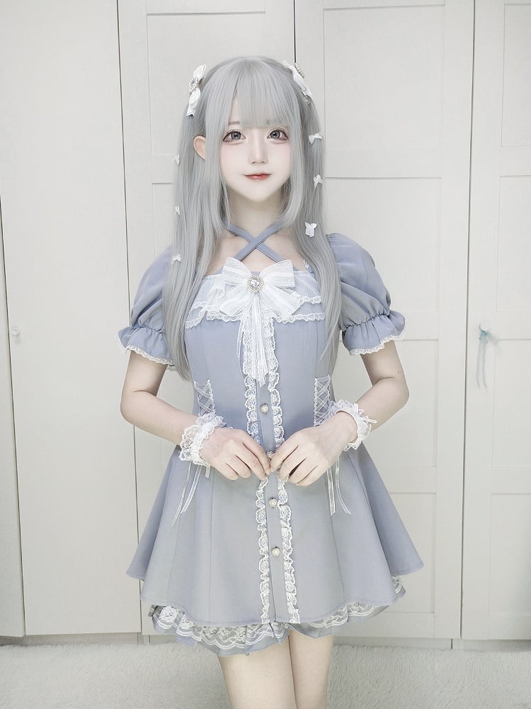 with Dusty Dress Jirai and Kei Blue Tie Buttons Set: Neck Heart Halter Shorts Adjustable