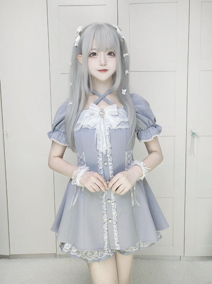 with Dusty Dress Jirai and Kei Blue Tie Buttons Set: Neck Heart Halter Shorts Adjustable