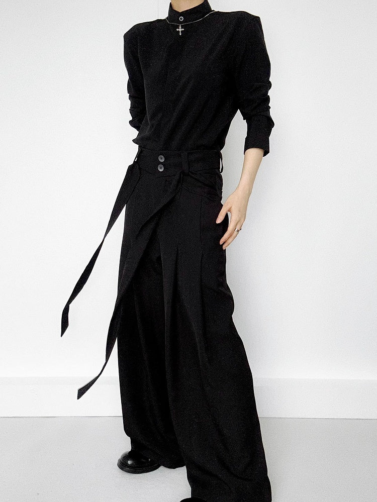 Ouji Lolita Black Unisex Mandarin Collar Long Sleeve Shirt with Button-Down Front