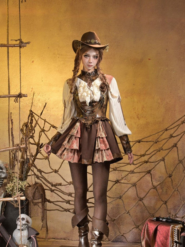 Lace Steampunk Suspender Orange Under-bust PU with Dress Brown Layers