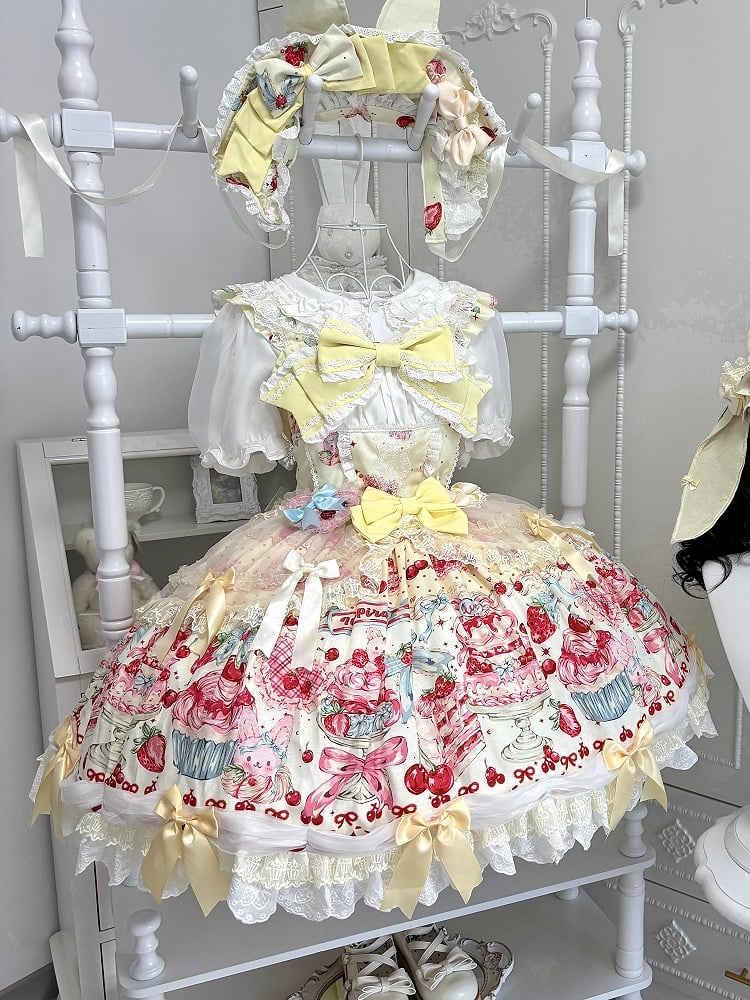 Cherry and Print Yellow Jumper Skirt Bow Accents Lolita Strawberry Sweet