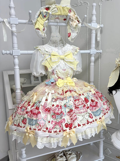Cherry and Print Yellow Jumper Skirt Bow Accents Lolita Strawberry Sweet