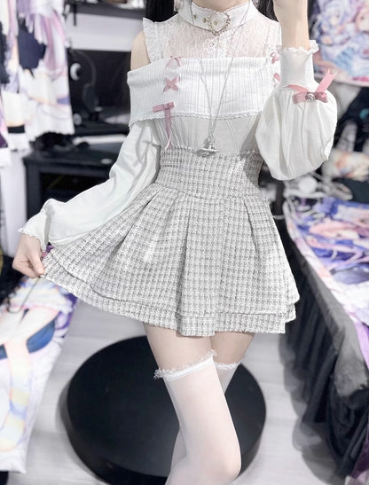 Sweater：Illusion Pink White Jirai Shoulder with Knit Open Buckle Neckline Kei