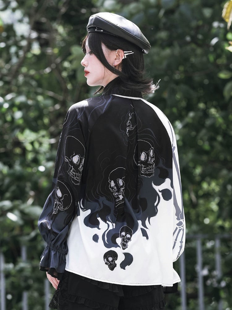 Gothic Black and White Balloon Sleeve Shirt with Asymmetric Skeleton Print - Quirky Hut