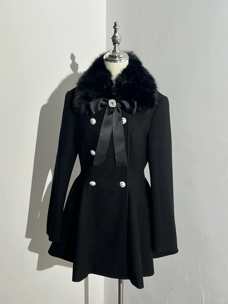 Rhinestone Double Detachable Jirai Kei Big Bow with Black Coat Breasted Fluffy Collar and Cuffs