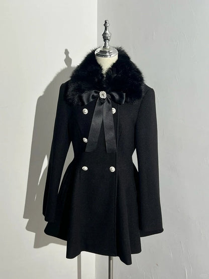 Rhinestone Double Detachable Jirai Kei Big Bow with Black Coat Breasted Fluffy Collar and Cuffs