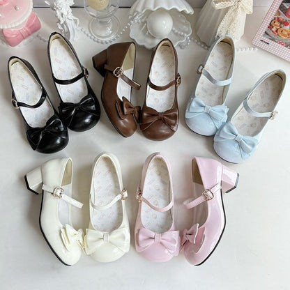 Round-toe Bow Pink - Buckle Sweet Mary with Mid Jane 4.5cm Shoes Closure Cat Lolita Heel