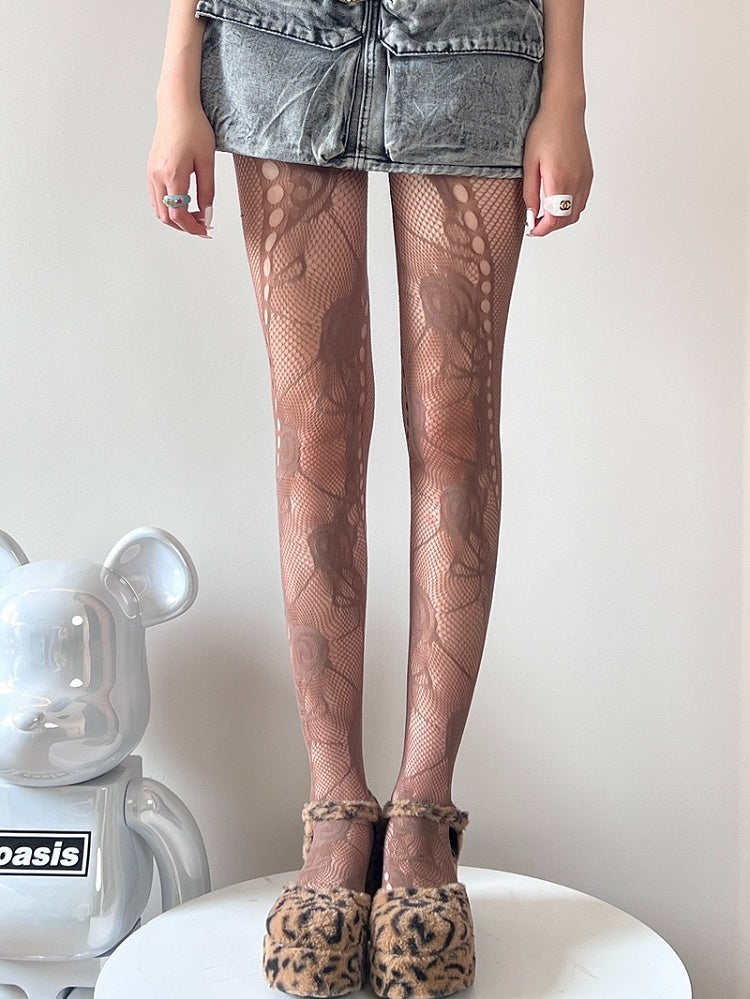Black/White/Brown Cut-out Floral Tights Y2K Pattern Design