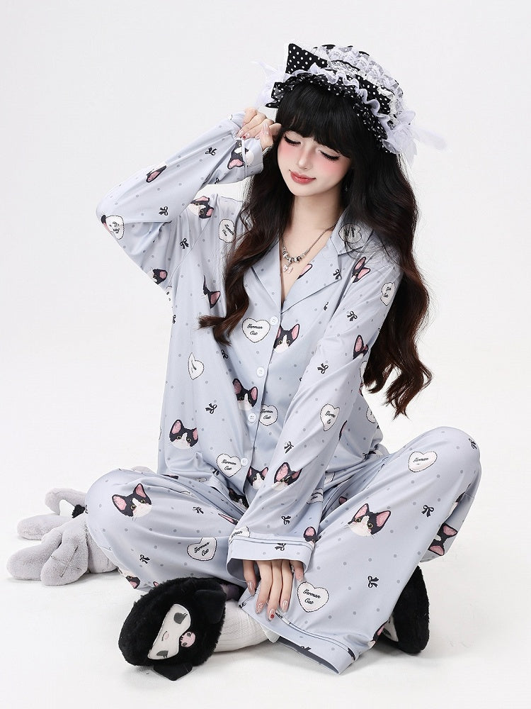 Grey Cute Otaku Kitten Print Long Lounge Wear Two-Piece Set - Long-Sleeve Top + Pants - CRAZY GIRL