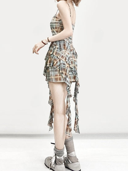 Cami Pattern Y2K Blue Asymmetrical Hem Plaid Glamorous Dress