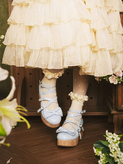 PU Shoes Design at Wedge Top Platform Bow Sweet Crisscross Blue Lolita with