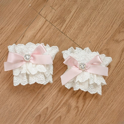 Design Cuffs Wrist Trim Jirai Lace Decorated Rhinestone WhitePink Bowknot Kei