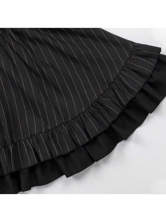 Black Striped Long Sleeve Short Lolita OP Dress with Mini Hat & 2-Way Bow Brooch Set - With PUJI
