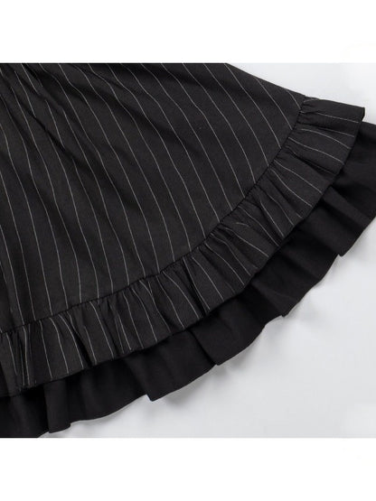 Black Striped Long Sleeve Short Lolita OP Dress with Mini Hat & 2-Way Bow Brooch Set - With PUJI