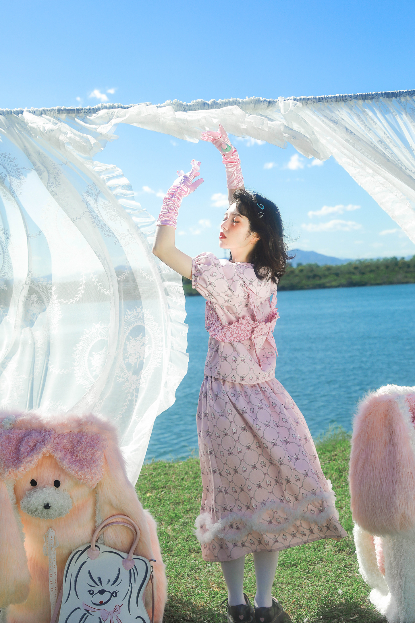 メッシュパールウェーブプリントピンクアニマルスカート