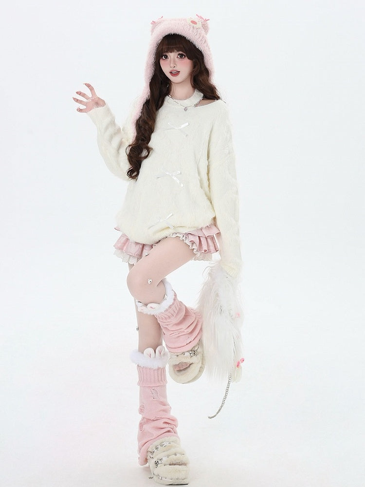 White Cutout Shoulder Knit Top with Sweet Bows - CRAZY GIRL