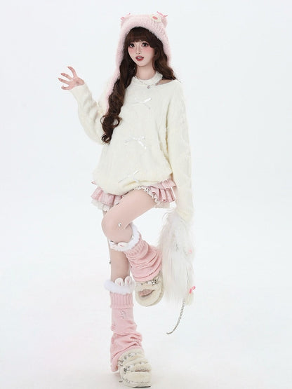 White Cutout Shoulder Knit Top with Sweet Bows - CRAZY GIRL
