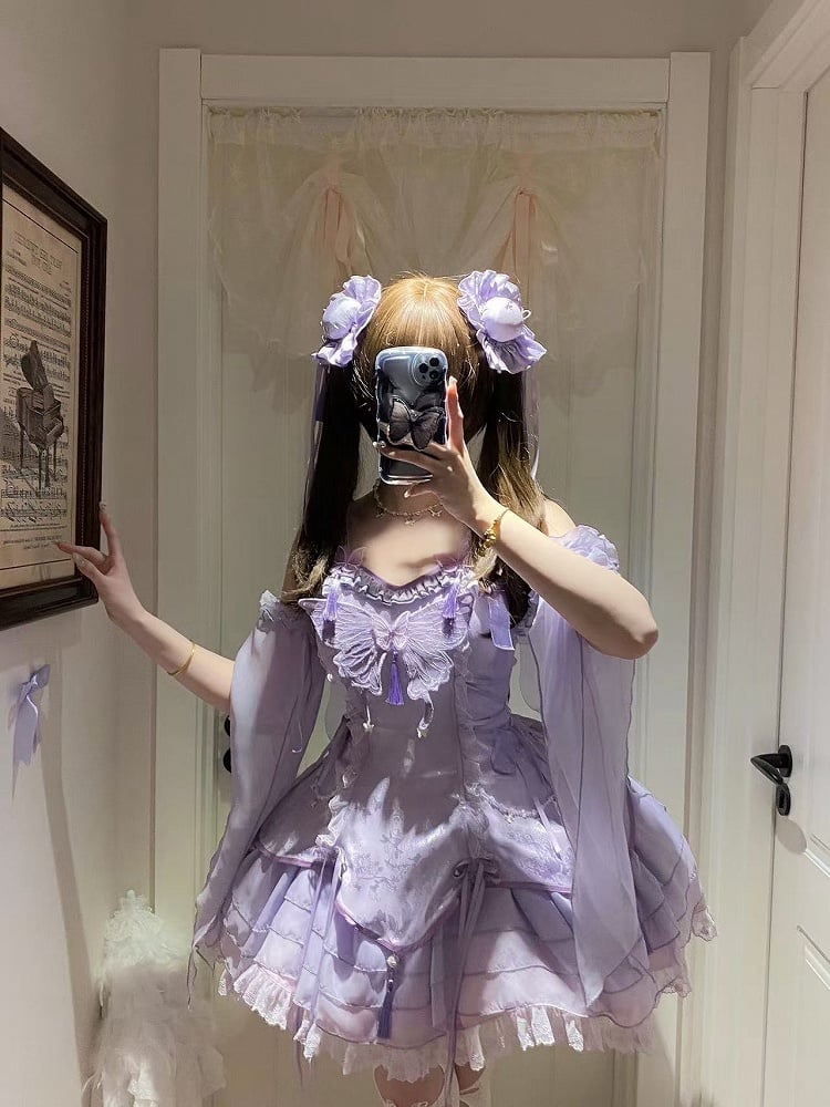Sleeves with Fairy and Decorated Lolita Tassels Butterfly Ruffle Purple Cascading Jumper Skirt