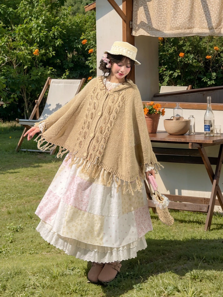 タッセルヘム付きケープ カーキ ニット フード付き