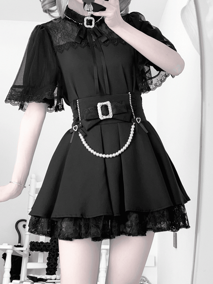 Jirai Sleeves Black Cape Short Sleeve with Kei Neckline Top Illusion